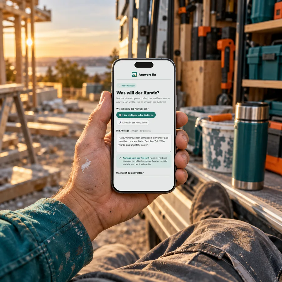 Handwerker beantwortet mit der App Antwort fix eine Kundenanfrage auf dem Handy
